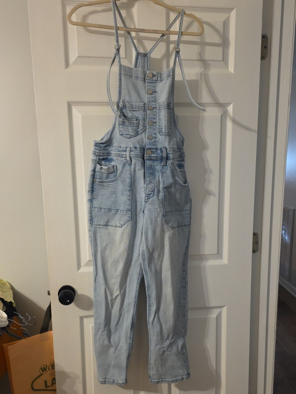 KanCan Light Wash Denim Women's Overalls with Utility Pockets